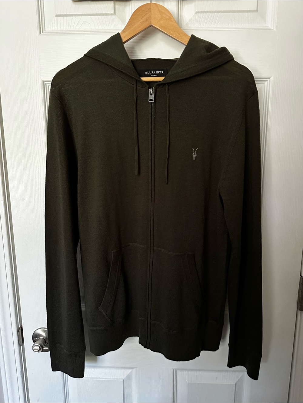 All Saints Men's Mode Merino Dark Olive Zip-Up Hoodie